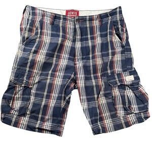LEVIS Cargo Shorts Plaid‎ Blue Red Tan Mens W40 Relaxed Fit Casual Summer